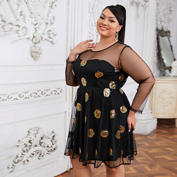 

Plus Halloween Sequin Panel Contrast Mesh Dress, Black