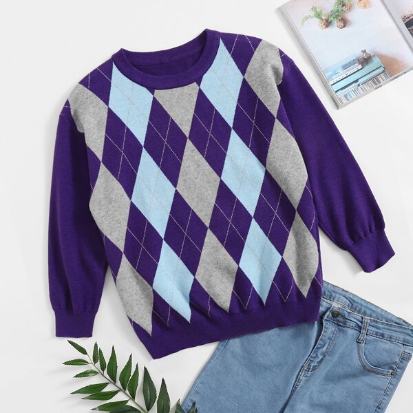 

Plus Argyle Pattern Crew Neck Sweater, Multicolor