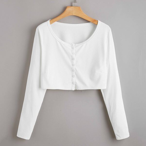 

Plus Scoop Neck Rib-knit Button Front Tee, White