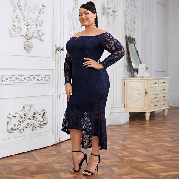 

Plus Lace Overlay Dip Hem Bardot Dress, Navy blue