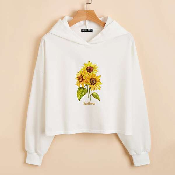 

Sunflower & Letter Graphic Crop Hoodie, White