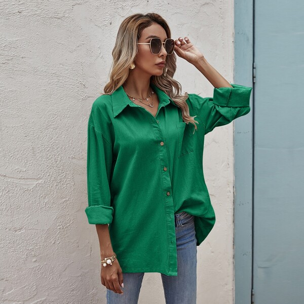 

Solid Pocket Front Button Up Blouse, Green