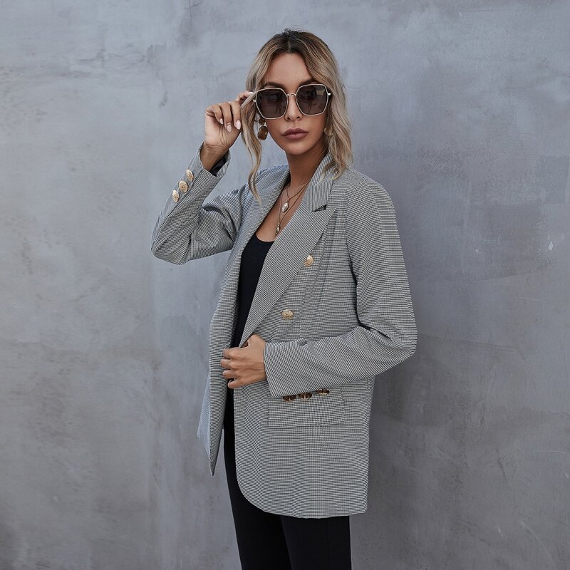 

Lapel Collar Gingham Double Breasted Blazer, Black and white