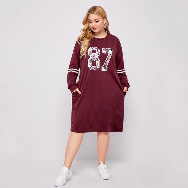 

Plus Letter And Striped Drop Shoulder Dress, Maroon
