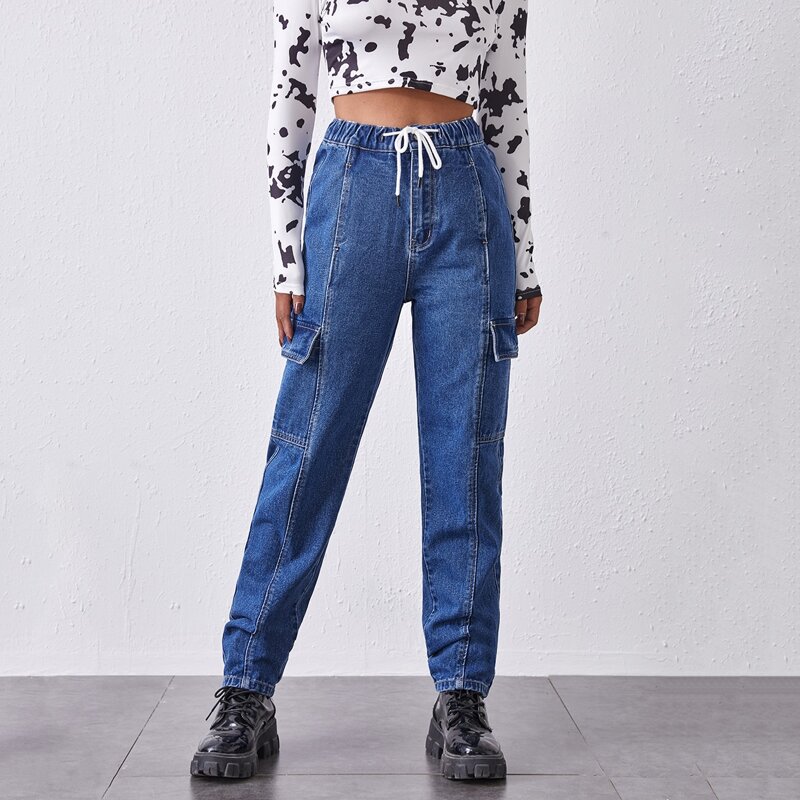 

Drawstring Waist Flap Pocket Side Mom Jeans, Medium wash