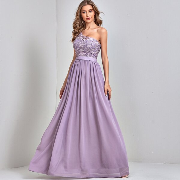 

Lace Bodice One Shoulder Prom Dress, Lilac purple