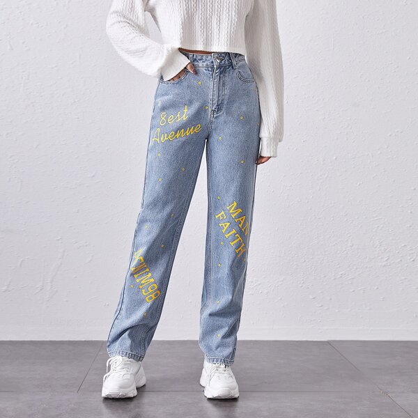 

Letter Graphic Straight Jeans, Light wash