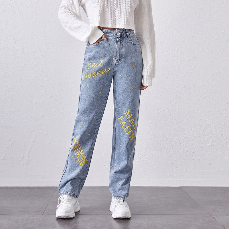 

Letter Graphic Straight Jeans, Light wash