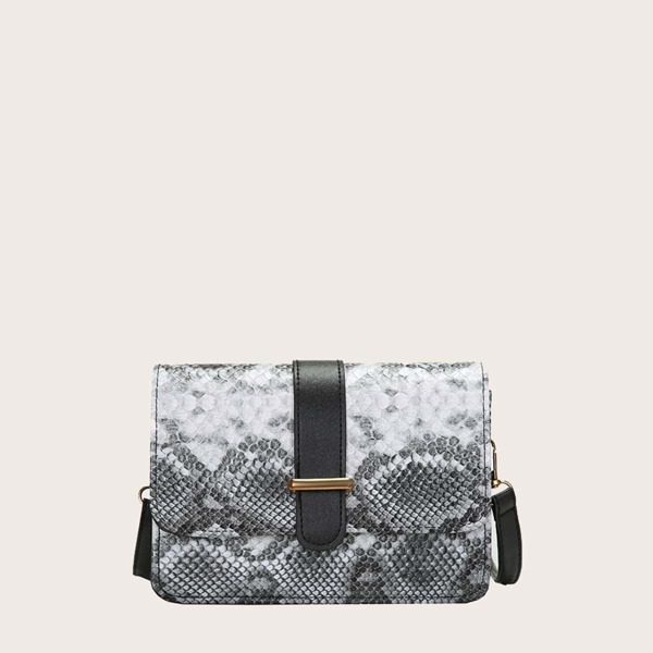 

Snakeskin Print Flap Crossbody Bag, Grey