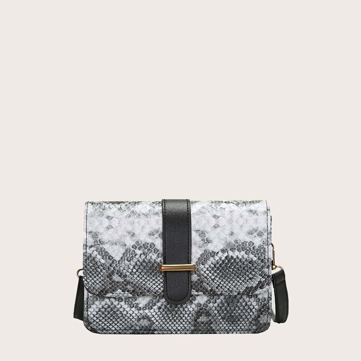 

Snakeskin Print Flap Crossbody Bag, Grey