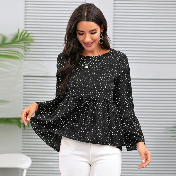 

Polka Dot High Low Peplum Blouse, Black