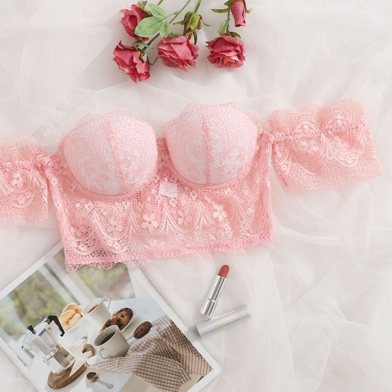 

Floral Lace Bardot Underwire Bra, Baby pink