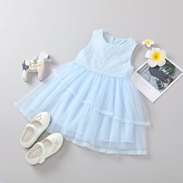 

Toddler Girls Floral Embroidered Contrast Lace Tutu Dress, Baby blue