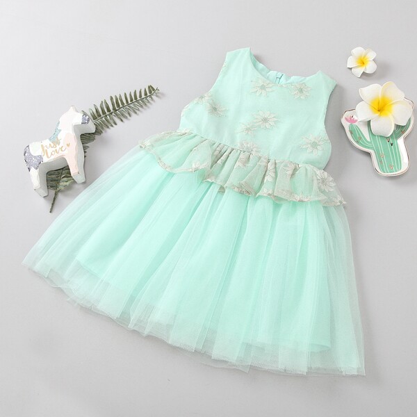 

Toddler Girls Floral Embroidered Ruffle Tie Back Tutu Dress, Mint green