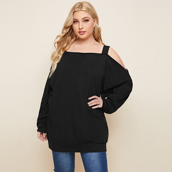 

Plus Solid Cold Shoulder Sweatshirt, Black