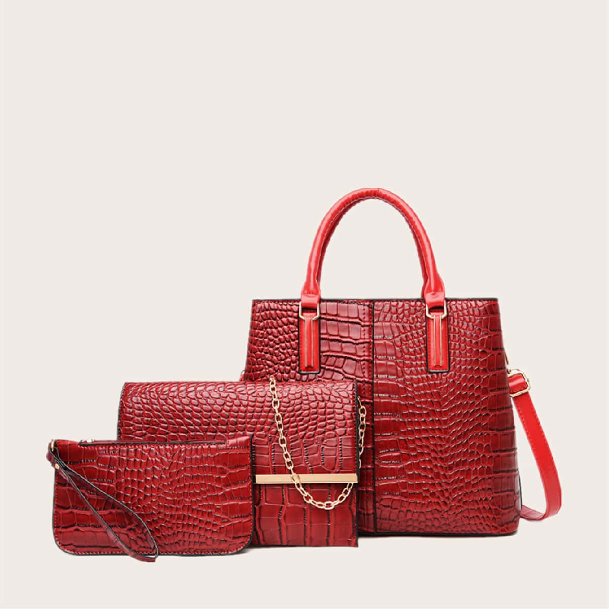

3pcs Croc Embossed Tote Bag With Clutch Bag, Red