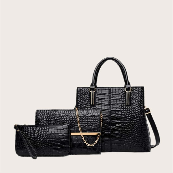 

3pcs Croc Embossed Tote Bag With Clutch Bag, Black