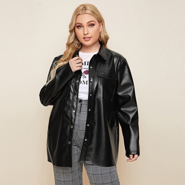 

Plus PU Leather Flap Pocket Coat, Black