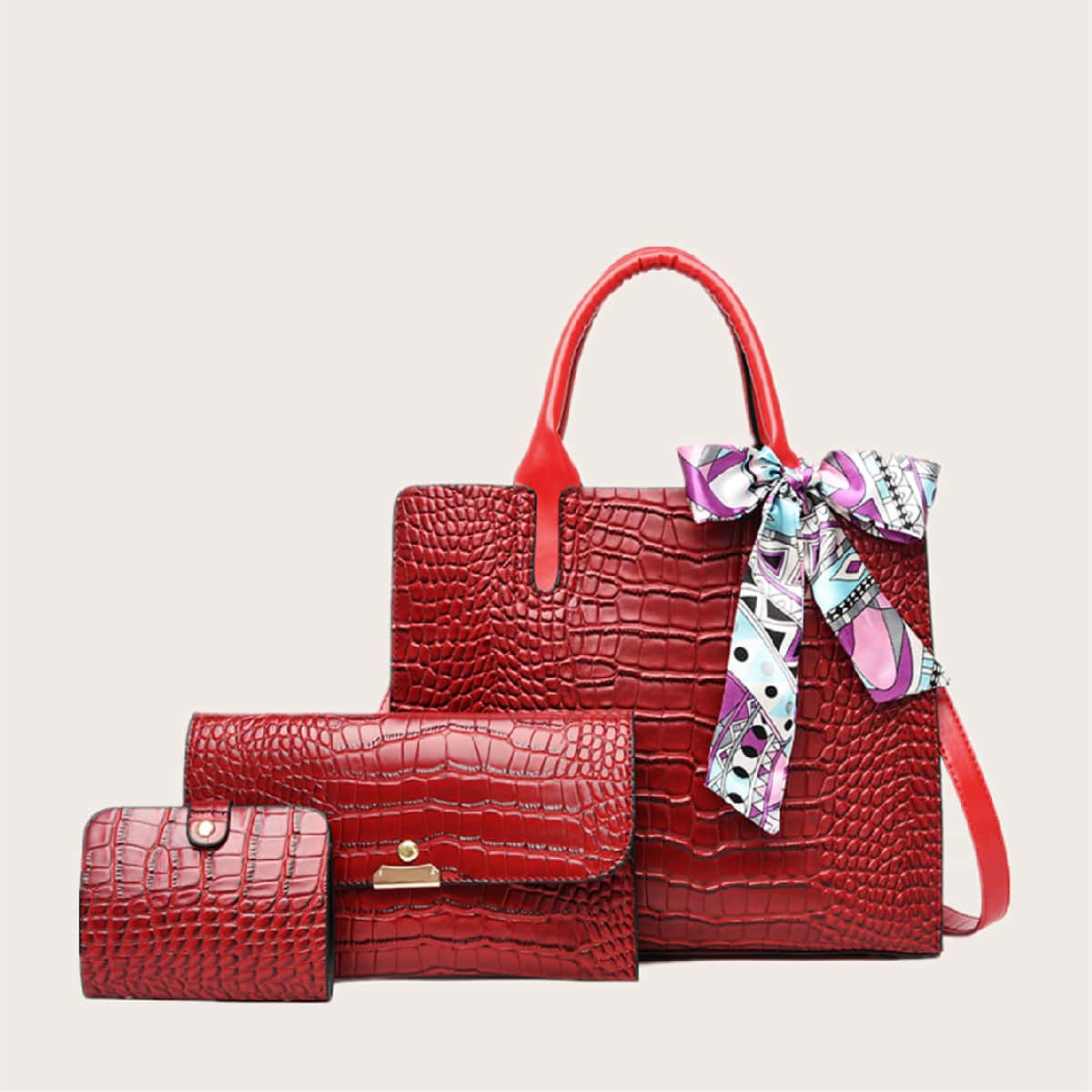 

3pcs Croc Embossed Tote Bag With Clutch Bag, Red