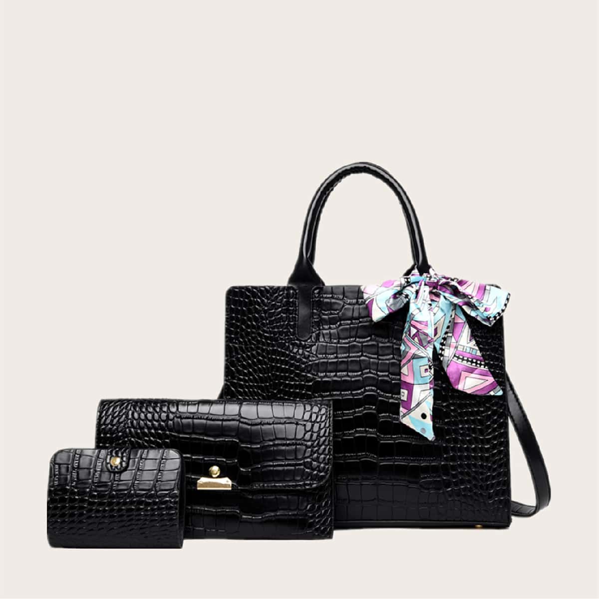 

3pcs Croc Embossed Tote Bag With Clutch Bag, Black