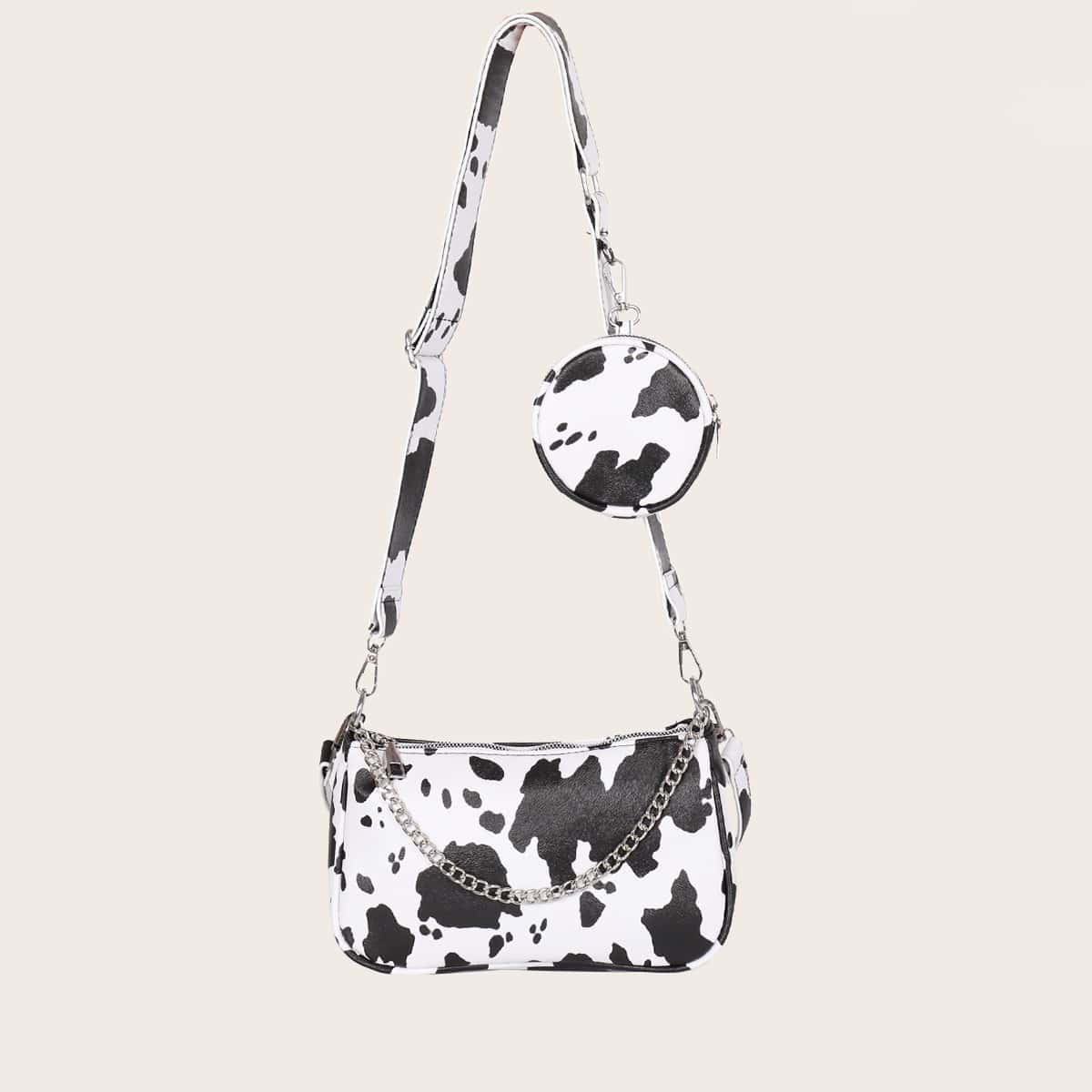

Cow Pattern Baguette Bag With Purse, Black and white