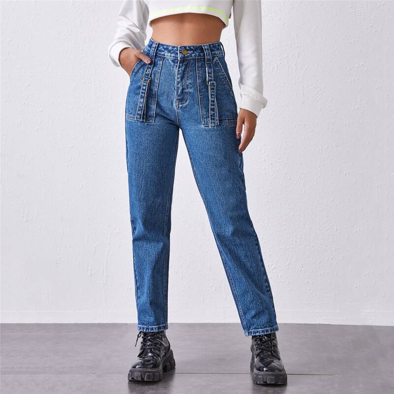 

Buckle Strap Detail Slant Pocket Mom Jeans, Medium wash
