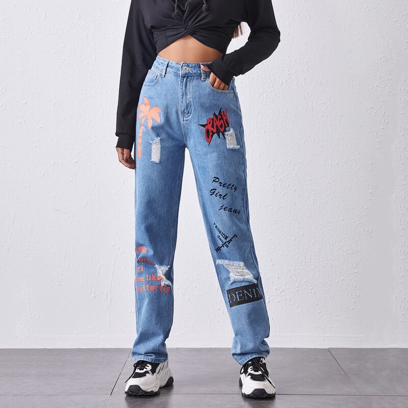 

Letter Graphic Ripped Detail Mom Jeans, Medium wash