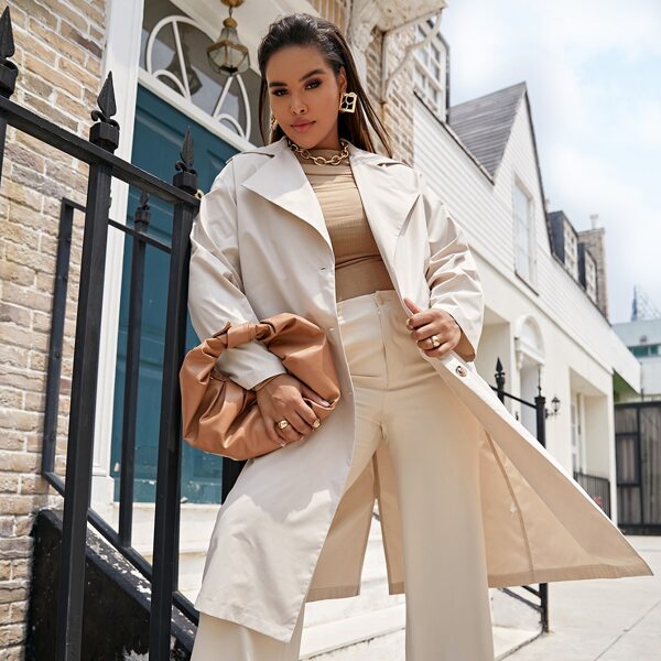 

Plus Split Back Lapel Neck Trench Coat, Beige