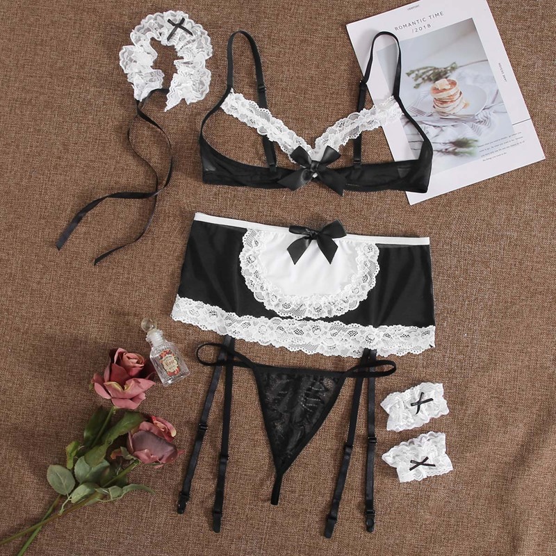 

5pack Lace Panel Lingerie Set, Black and white