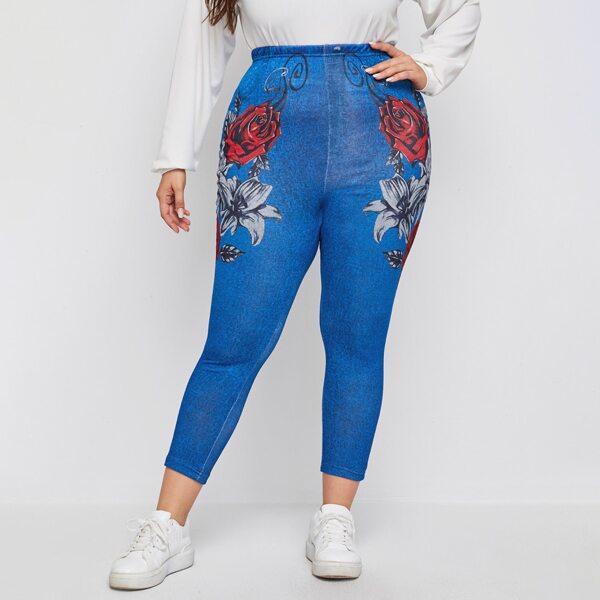 

Plus Floral Print Elastic Waist Crop Leggings, Blue