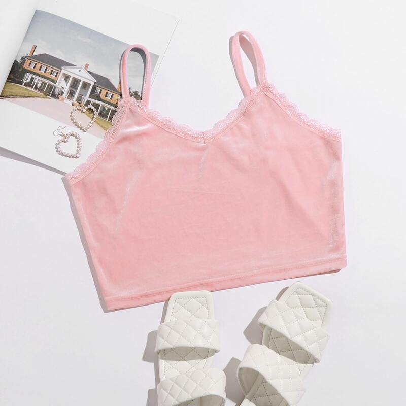 

Contrast Lace Crop Cami, Baby pink