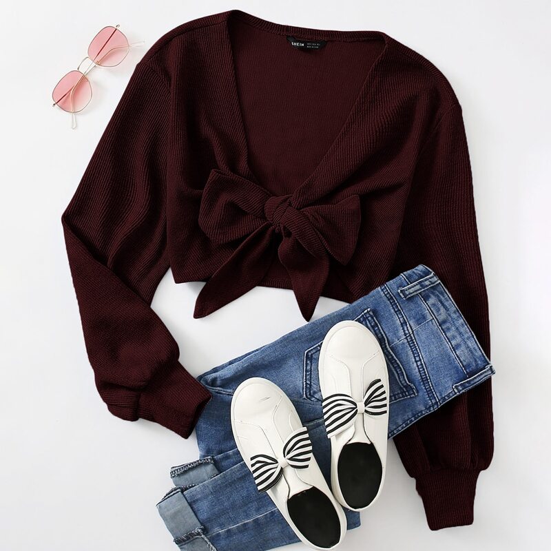 

Self Tie Rib-knit Crop Top, Maroon