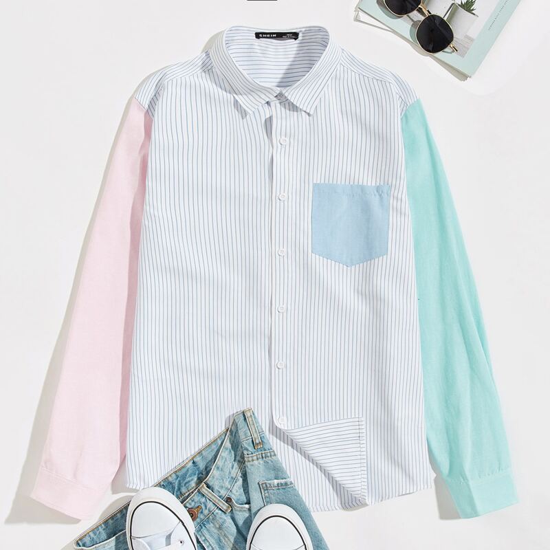 

Guys Patch Pocket Striped Colorblock Shirt, Multicolor