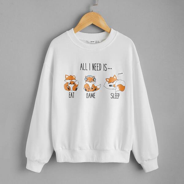

Girls Letter & Squirrel Print Pullover, White