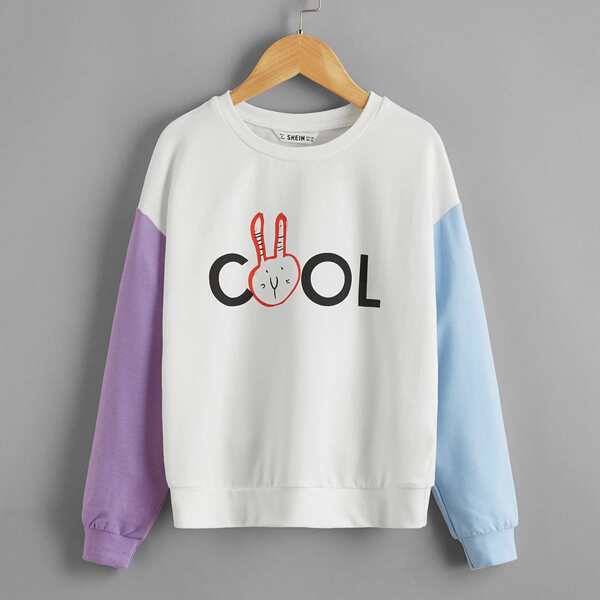 

Girls Letter & Rabbit Print Colorblock Pullover, Multicolor