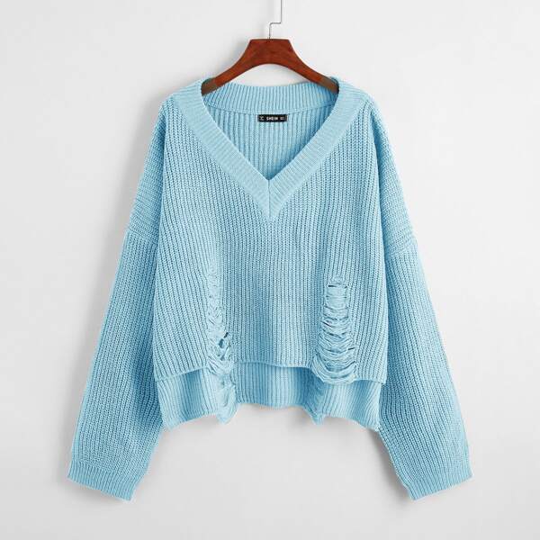 

High Low Hem Ripped Detail Sweater, Baby blue