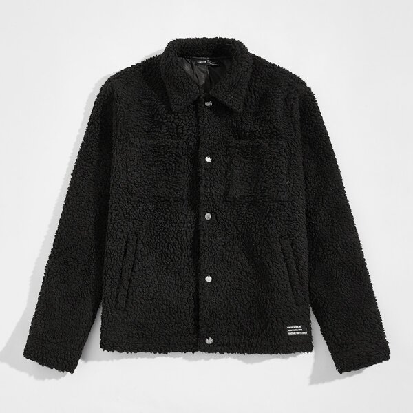 

Men Pocket Front Patched Detail Teddy Jacket, Black