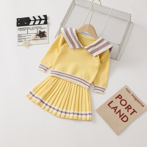

Toddler Girls Sailor Collar Stripe Sweater & Pleated Knit Skirt, Yellow