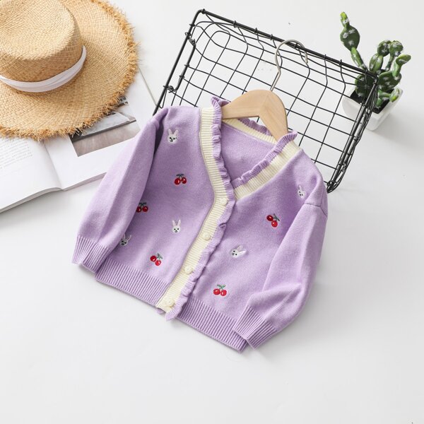 

Toddler Girls Cherry & Rabbit Pattern Frill Trim Cardigan, Lilac purple