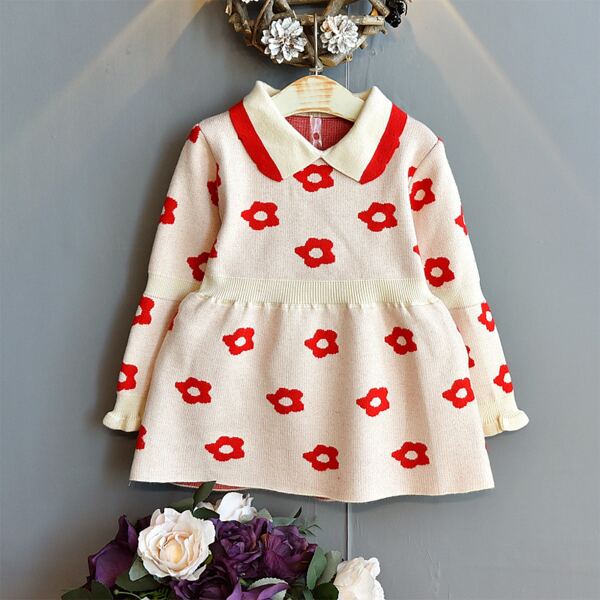 

Toddler Girls Floral Pattern Flounce Sleeve Sweater Dress, Beige