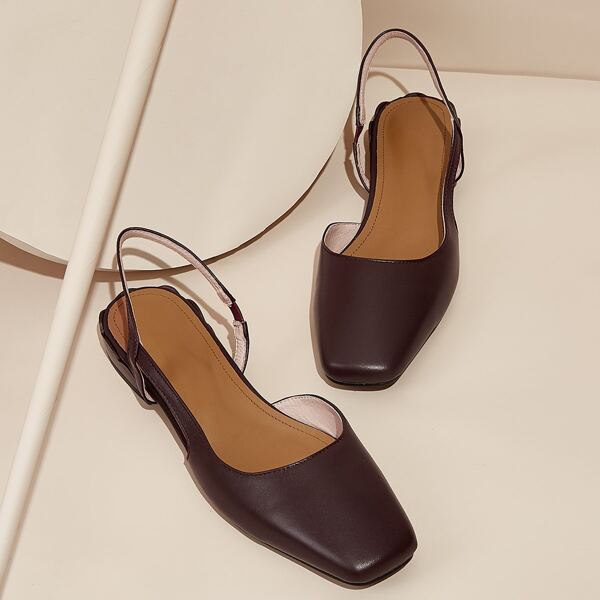 

Square Toe Calfskin Leather Breathable Slingback Flats, Brown