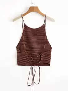 SHEIN EZwear Lace Up Backless Space Dye Knit Top - Coffee Brown - View 1