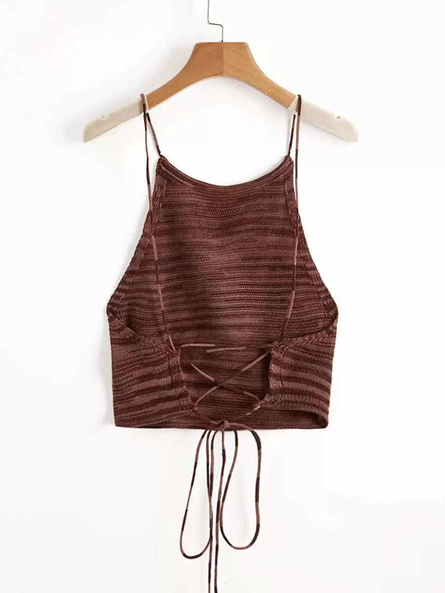 SHEIN EZwear Lace Up Backless Space Dye Knit Top - Coffee Brown - View 1