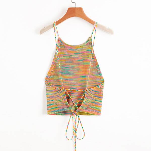 

Lace Up Backless Space Dye Knit Top, Multicolor