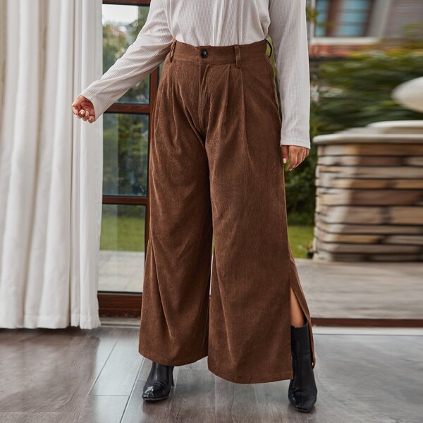 

Plus Plicated Split Hem Corduroy Pants, Coffee brown
