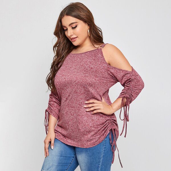 

Plus Cold Shoulder Drawstring Sleeve Tee, Dusty pink