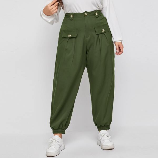 

Plus Fake Flap Pocket Plicated Sweatpants, Army green