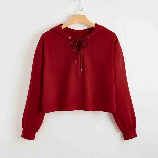 

Plus Lace Up Front Crop Hoodie, Burgundy