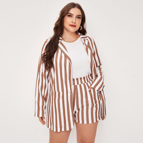 

Plus Striped Single Button Blazer & Paperbag Waist Shorts, Multicolor