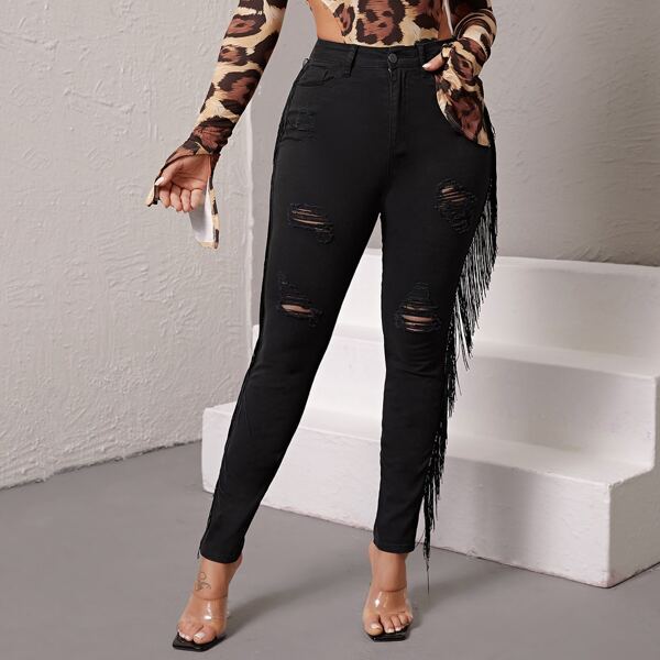 

High-Waisted Non-Stretch Fringe Trim Ripped Skinny Jeans, Black
